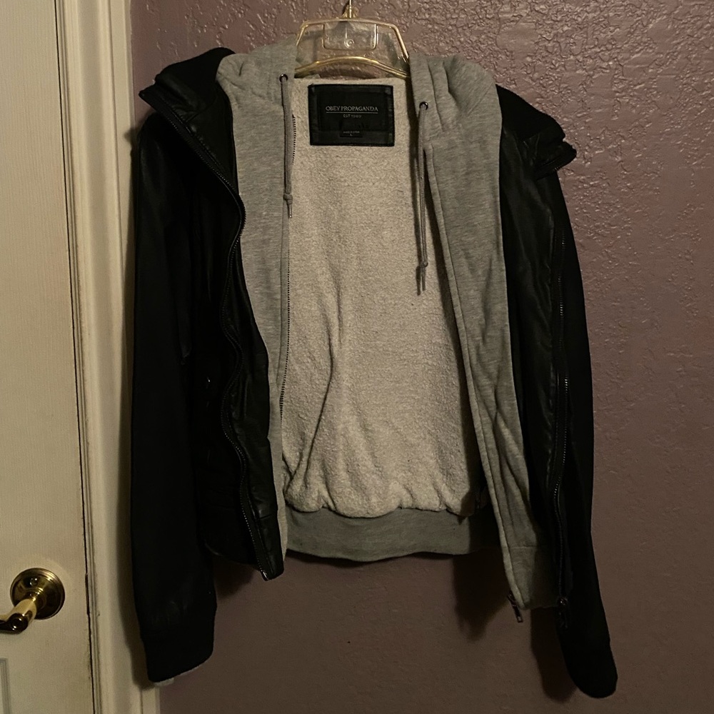 Leather jacket with hoodie insert